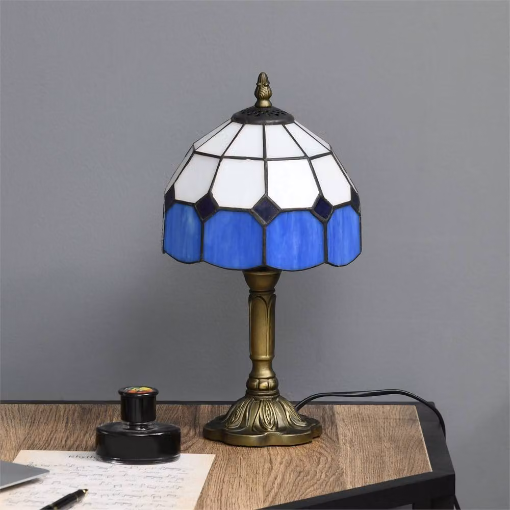 EONLION Art Deco Blue and White Stained Glass Table Lamp with Bronze Metal Base – 4