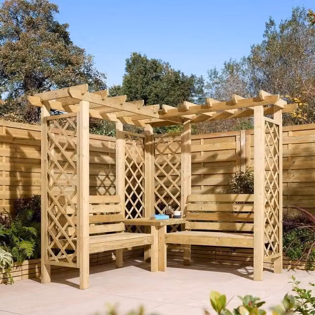 Rowlinsons Richmond Corner Arbour in Brown Timber W/D/H: 211 x 211 x 194 cm