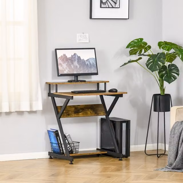 HOMCOM Industrial Computer Desk with Monitor Shelf and Storage in Brown
