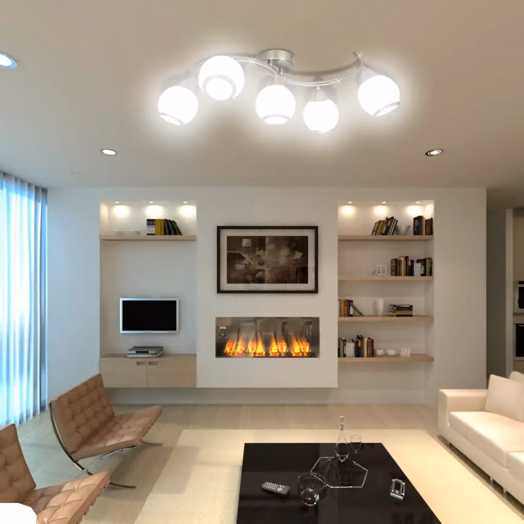 Berkfield Home Modern Ceiling Lamp with White Glass Shades and Silver Waving Rail for 5 x E14 Bulbs – 3