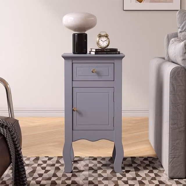 Livingandhome Grey Lacquered Bedside Table Nightstand with Storage Drawer