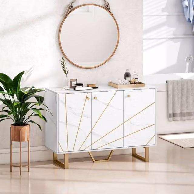 STILVORA Modern Sideboard Storage Cabinet with Adjustable Shelves in White and Gold – 1