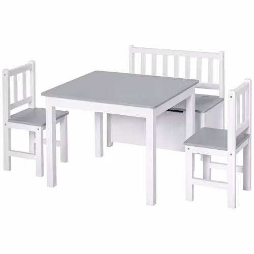 HOMCOM 4-Piece Kids Table, Chair and Storage Bench Set in Grey and White