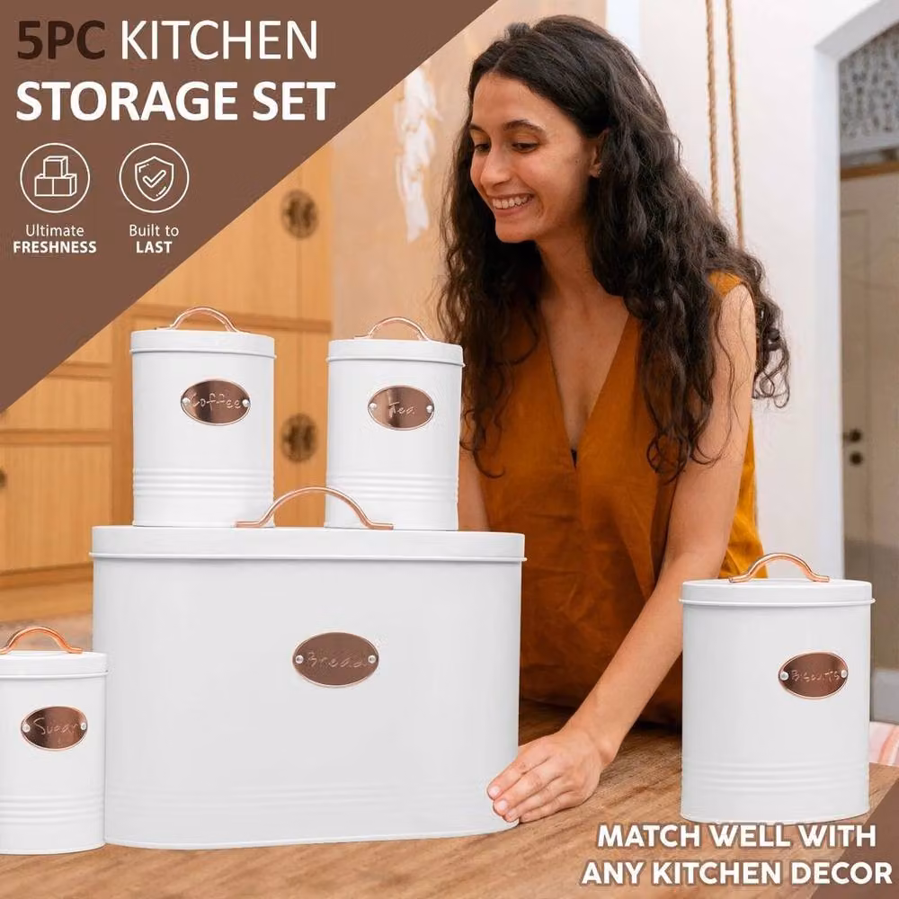 SPETLEK 5-Piece Metal Kitchen Bread Bin and Storage Tin Set in White – 4