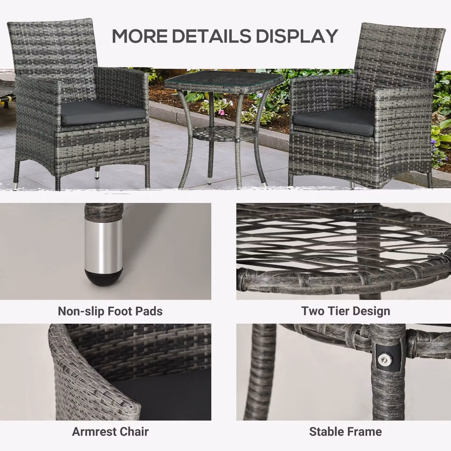 OUTSUNNY 3-Piece Rattan Bistro Set with Table and Chairs in Dark Grey – 5