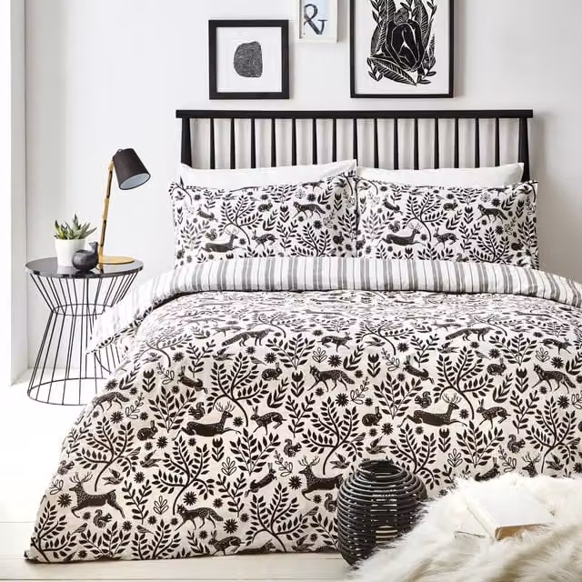 Make it a Home Scandinavian Woodland Reversible Duvet Cover Set, Black, Grey and White, 140 x 200 cm