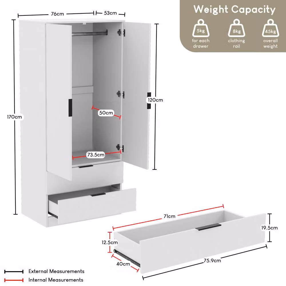 HD Designs Trega White MDF 2 Door 2 Drawer Wardrobe with Hanging Rail and Internal Shelves – 2