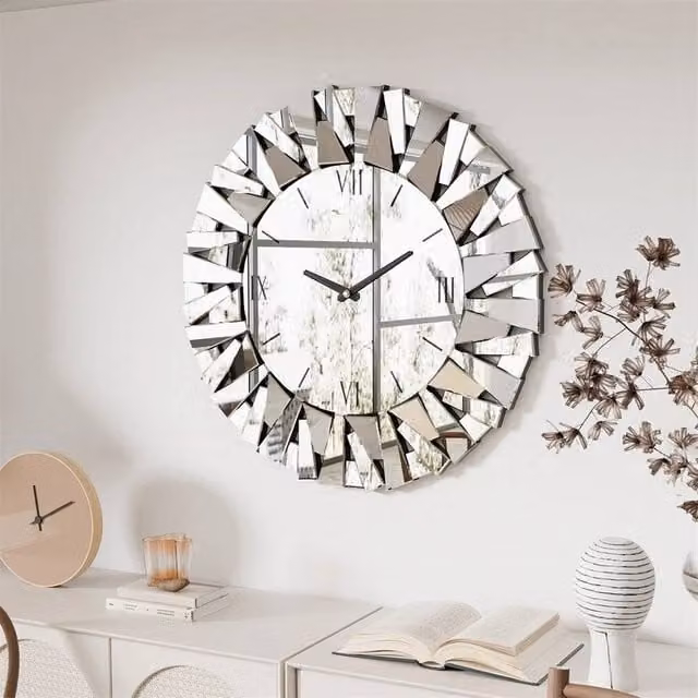 FLAVORA Sunburst Silent Decorative Mirror Wall Clock in Silver, Diameter: 80 cm