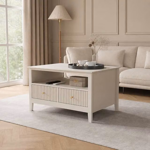 Melody Maison Hales Taupe Fluted Rectangular Coffee Table with Four Drawers and One Shelf in Taupe/Beige