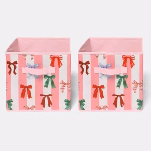 OHS 2 Pack Bow Stripe Collapsible Fabric Cube Storage Boxes in Pink and White, W/D/H: 27 x 27 x 27 cm – 1