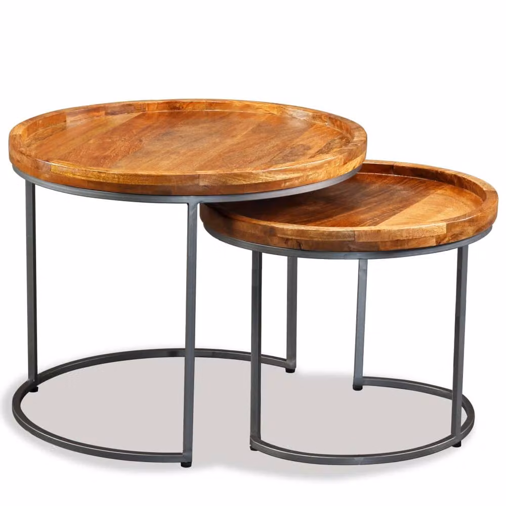 Berkfield Home Set of 2 Round Nesting Side Tables in Brown Solid Mango Wood – 2