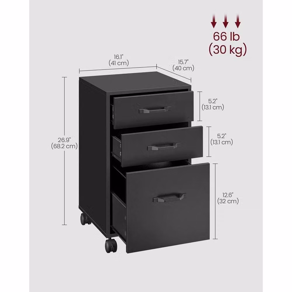 VASAGLE Rolling Office Filing Cabinet with 3 Drawers, Black, Height: 68.2 cm – 2