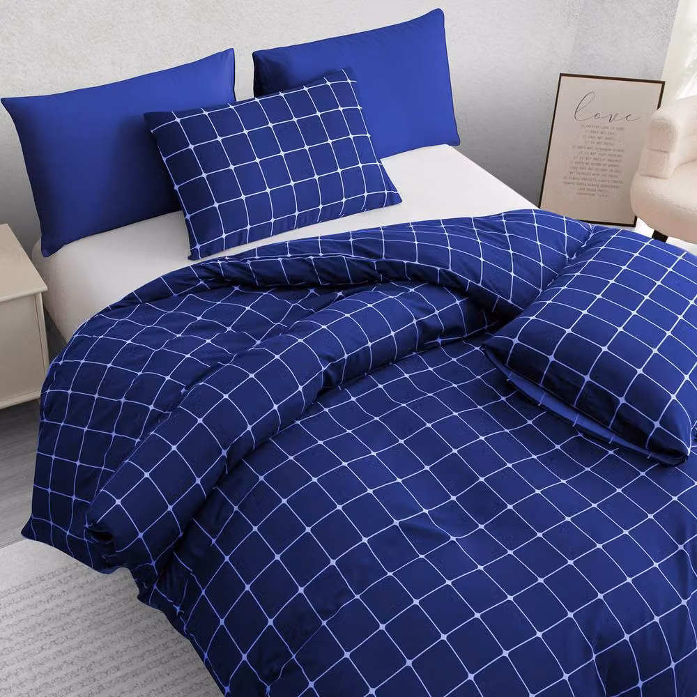 Lazzaro Home Blue Checked Microfibre Reversible Duvet Cover Set with Zipper Closure, W/D/H: 240 x 220 cm and 50 x 75 cm Pillowcases – 7