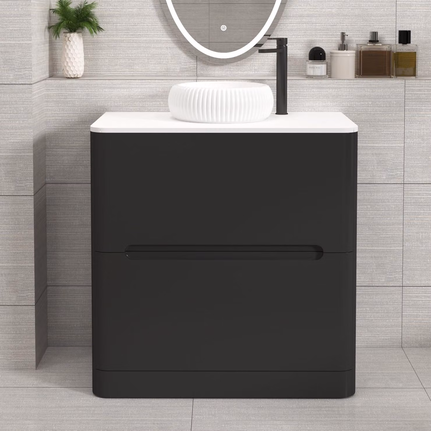 Royal Bathrooms Venice 800mm Matt Nocturne Black Floor Standing 2 Drawer Vanity Unit with Plain White Worktop and Milan Basin