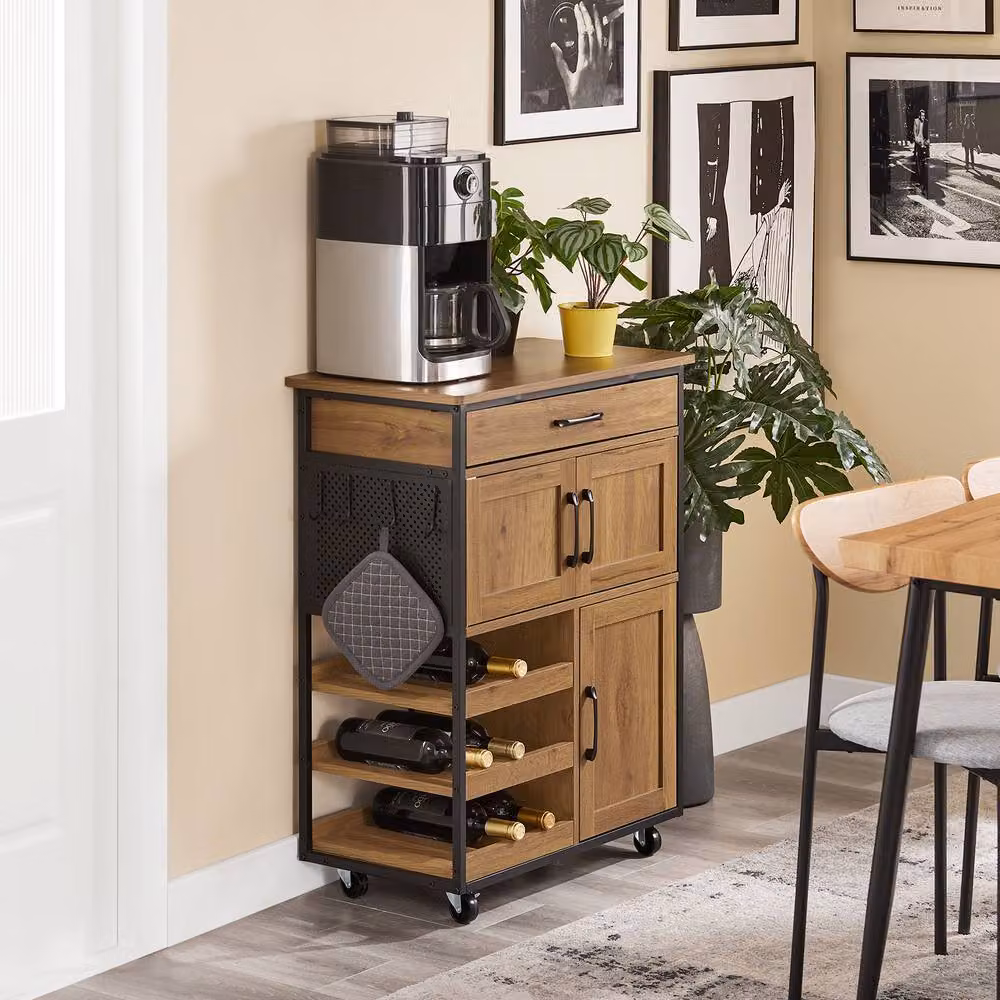 SoBuy Vintage Mobile Kitchen Trolley with Bottle Rack, Drawers and Hinged Doors in Brown and Black – 6