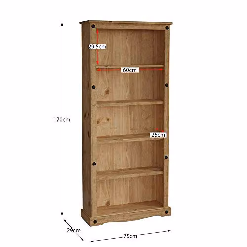 Vida Designs Corona Rustic Waxed Pine Tall Bookcase with Media Compartments in Brown and Black, W/D/H: 96.0 x 50.0 x 18.5 cm – 2