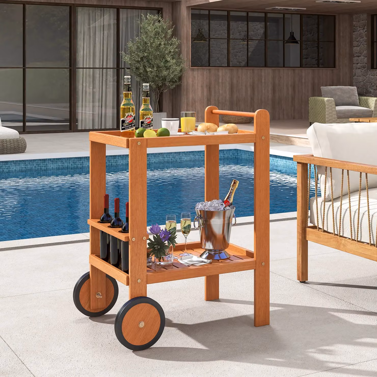 Gymax 2-Tier Wood Rolling Bar Cart with Wine Bottle Holders in Beige and Brown – 4
