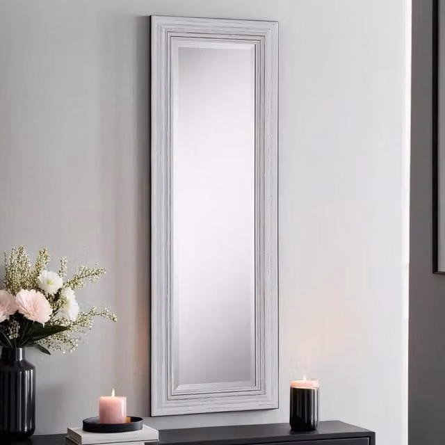 Yearn Mirrors Distressed White Framed Rectangular Wall Mirror H 128.5 x W 44.5 cm – 1