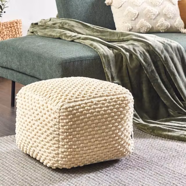 Wyld and Coco Hand-Woven Cotton Pouf Ottoman in Beige, W/D/H: 50 x 50 x 35 cm – 1