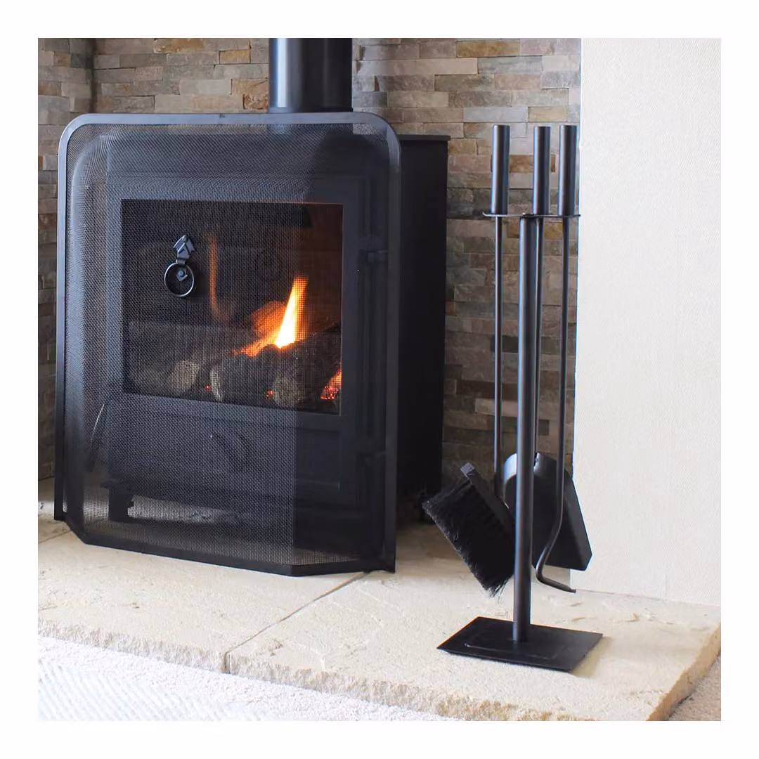 JVL Malham 3 Piece Metal Fireside Companion Set with Stand in Black – 3