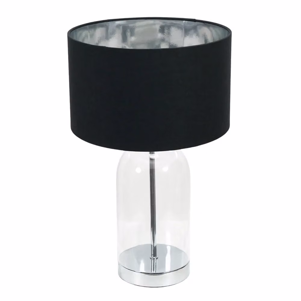 ValueLights Jessy Glass Table Lamp with Silver Trim, Black Fabric Drum and Chrome Inner Shade – 2