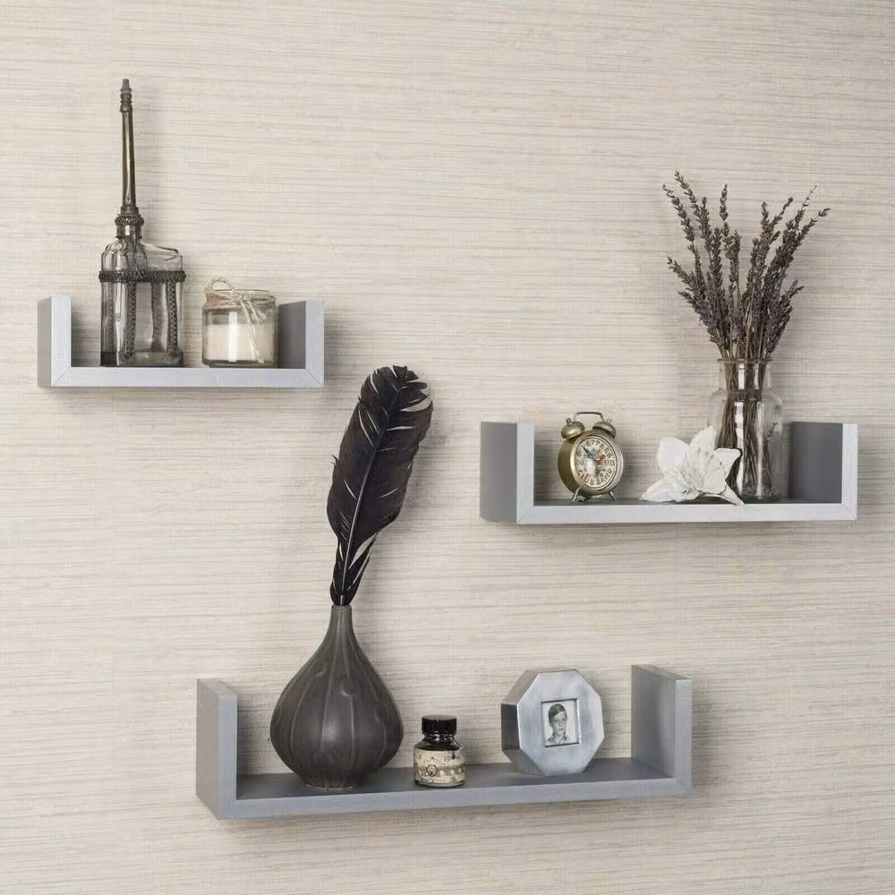 PAWNORA Grey Matt Wooden Wall Mounted Floating Display Shelves – 3