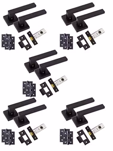 Golden Grace Delta Door Handles, Hinges and Latch Set in Matte Black, 5 Pairs