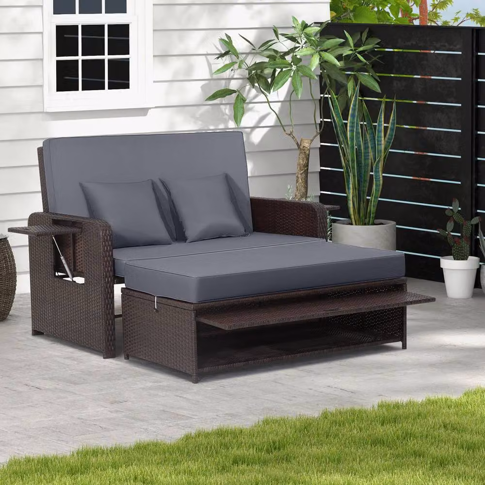 Costway Grey Polyrattan Patio Daybed Set with Loveseat Sofa, Ottoman and Side Tray – 4