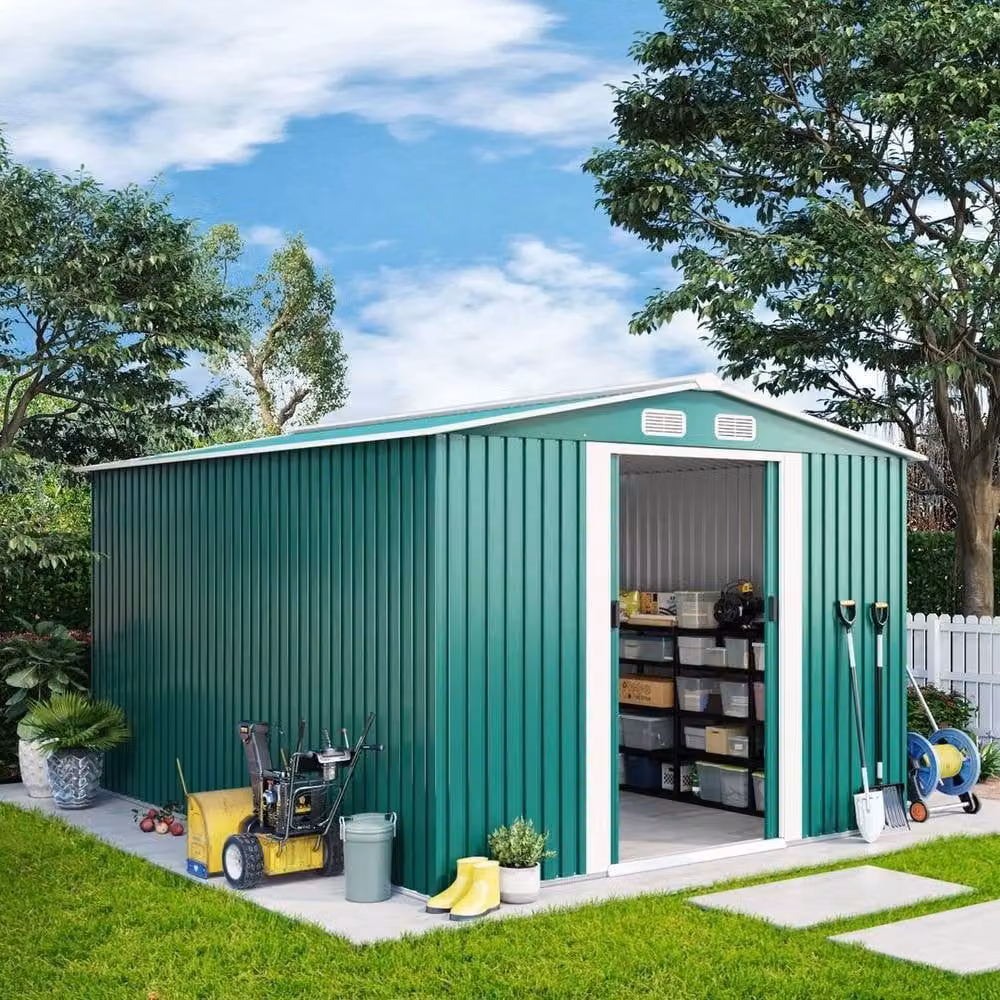 NESTLUNE Green Metal Garden Storage Shed with Double Doors and Foundation, W/D/H: 100 x 60 x 100 cm – 4