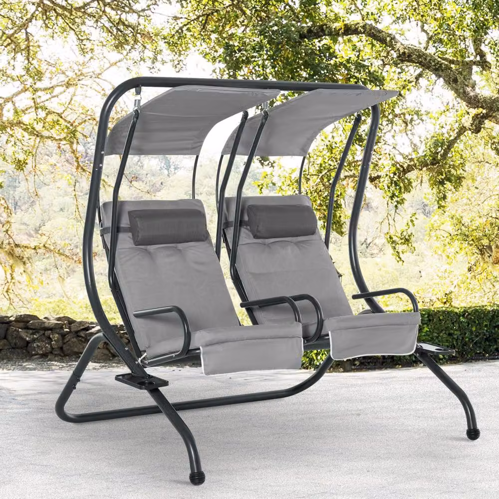 STILVORA 2-Seater Modern Garden Sofa in Grey with Powder Coated Steel Frame and Cup Holders – 2