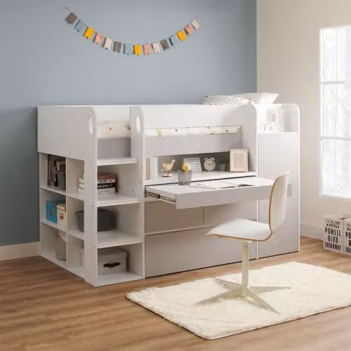 Flair Bailey Mid-Height Childrens Cabin Bed with Drawers and Bedside Shelf in White and Grey, W/D/H: 196.0 x 90 x 130.4 cm – 1