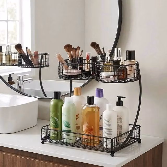 EONLION Black 2 Tier Metal Makeup and Kitchen Organizer Shelf, W/D/H: 50 x 50 x 50 cm