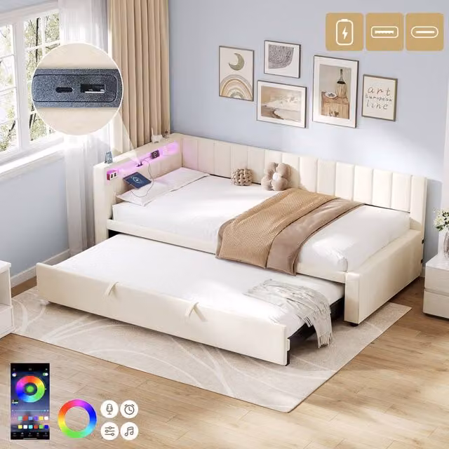 Matteo Single Velvet Daybed with Trundle in Beige