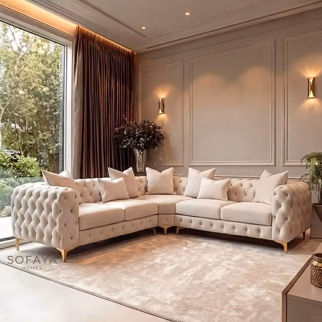 Sofaya Monaco Chesterfield 5 Seater Corner Sofa in Beige Velvet, W: 220 cm, D: 70 cm, H: 74 cm