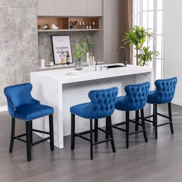 Set of 4 Contemporary Royal Blue Velvet Upholstered Wing Back Bar Stools with Wood Frames