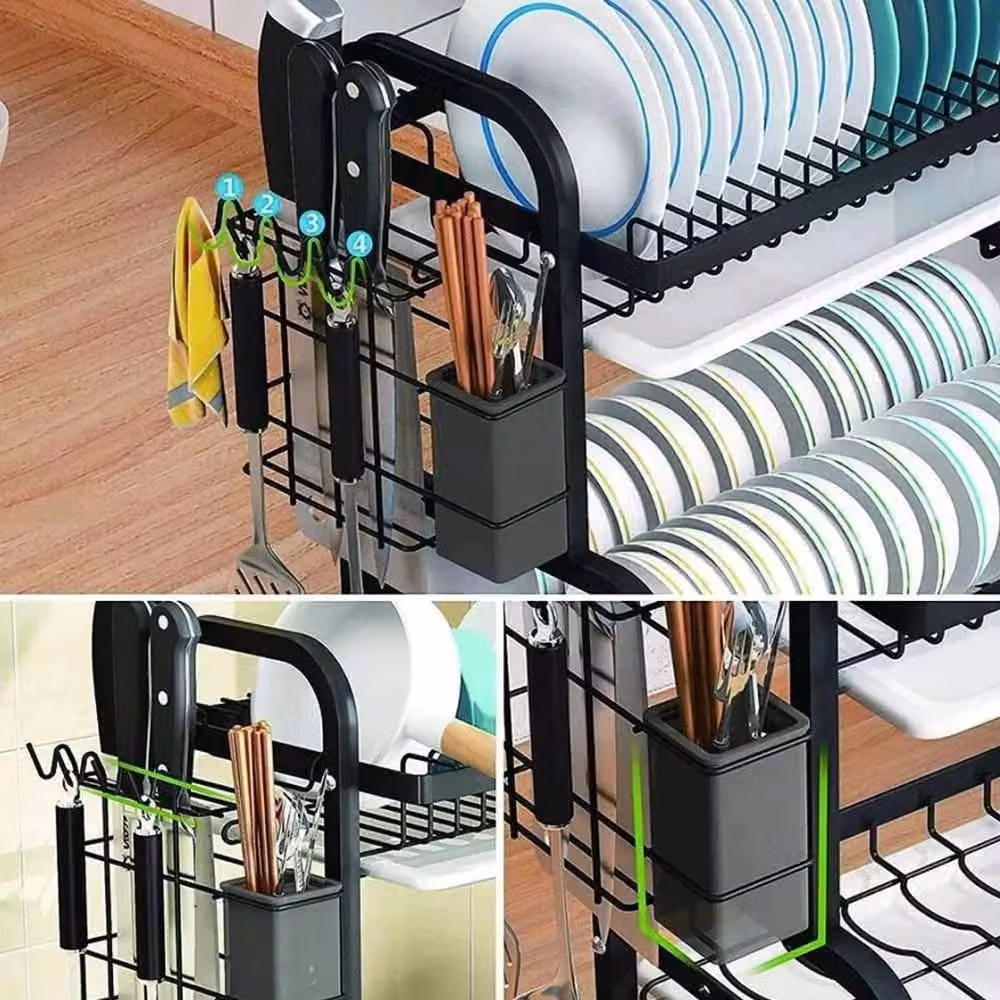 Kelvenix 2-Tier Black Dish Drying Rack with Drip Tray and Cutlery Holder – 3