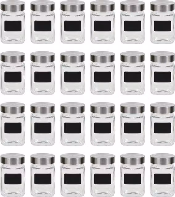 Berkfield 24 Piece Glass Home Storage Jar Set with Stickers, 300 ml, Clear and Silver – 1