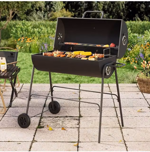 Living and Home Steel Charcoal Garden Grill with Wheels in Black, W/D/H: 79 x 68 x 90 cm
