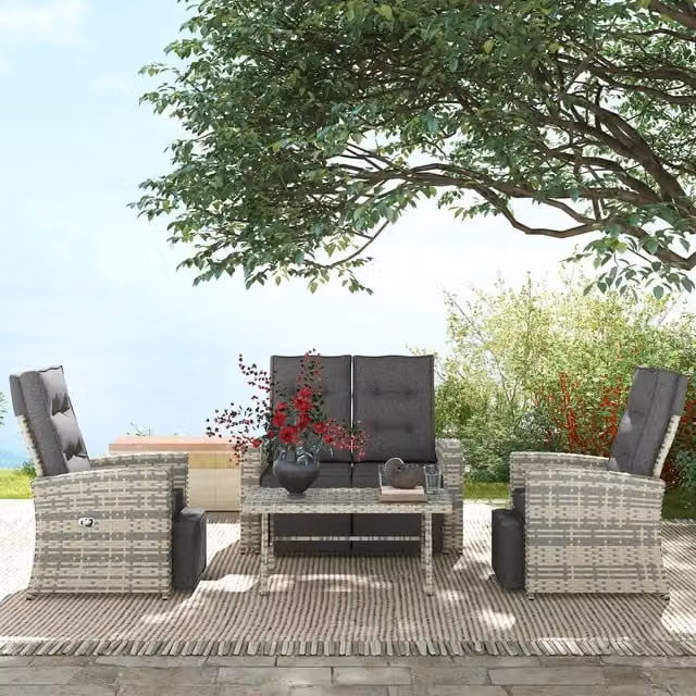 Outsunny 4-Piece Modern Outdoor Wicker Rattan Garden Furniture Set with Sofa and Table in Light Grey