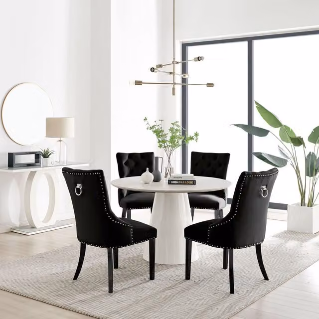 FurnitureboxUK Palma Beige Stone Effect Round Dining Table and 4 Belgravia Black Leg Chairs