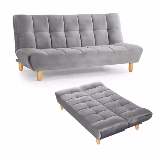 Home Detail Marley 3 Seater Click Clack Sofa Bed in Grey Velvet with Wooden Legs