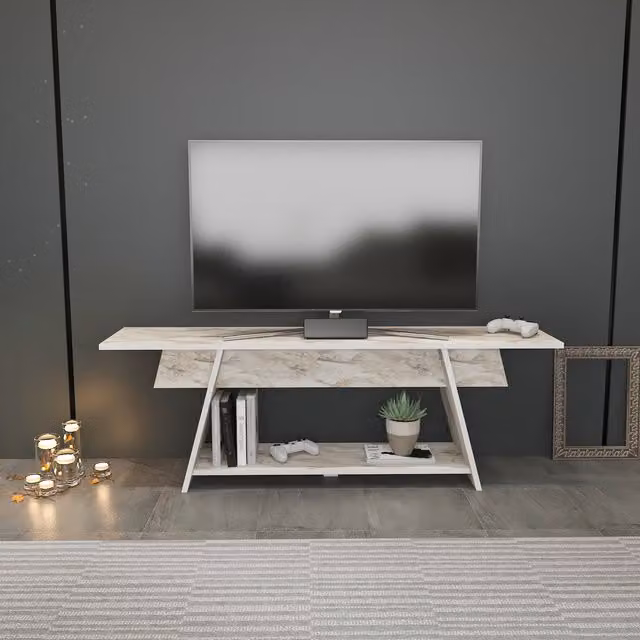 Decorotika Lanca TV Unit for TVs up to 150 cm, White Marble Effect and Multicolour Abstract Design