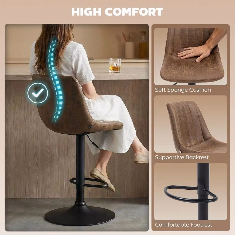 EONLION Set of 2 Adjustable Swivel Bar Stools in Brown Synthetic Leather – 3