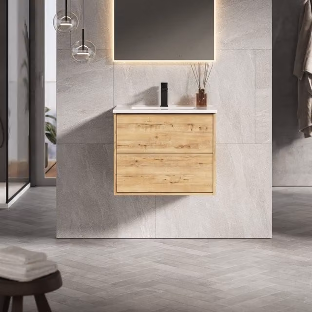 Banyetti Venti 600mm Wall Hung Vanity Unit with Lira Basin in Ostippo Light Oak – 1
