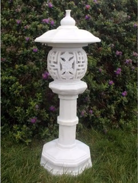 Enigma White Oriental Geometric Lantern Statue Tabletop Stone and Plastic Decor