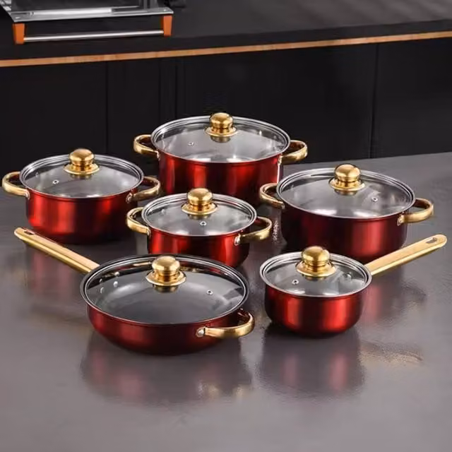 Ventryn 12-Piece Non-Stick Stainless Steel Induction Cooking Pot Set in Red – 1