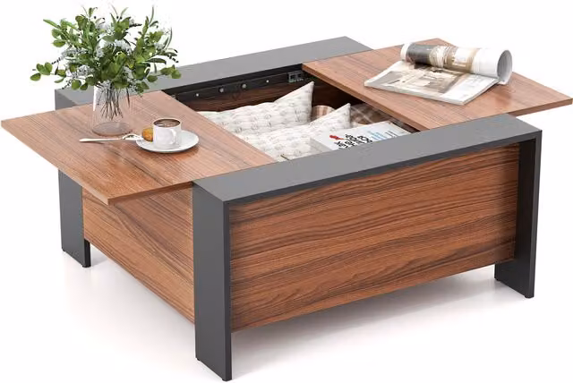 Costway Modern Brown Extendable Coffee Table with Sliding Top and Rectangular Wood Design, Width: 92 cm