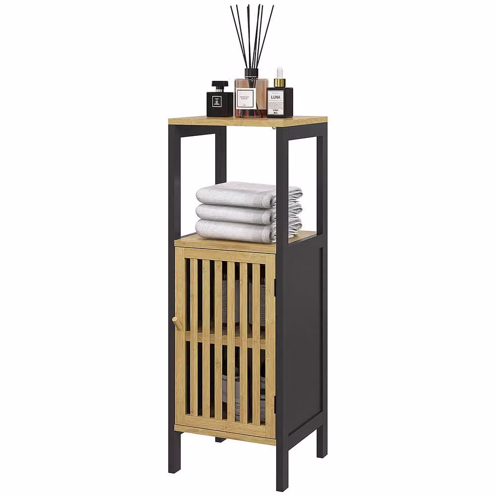 STILVORA Black Bamboo Bathroom Storage Unit with Cupboard and Shelves – 3