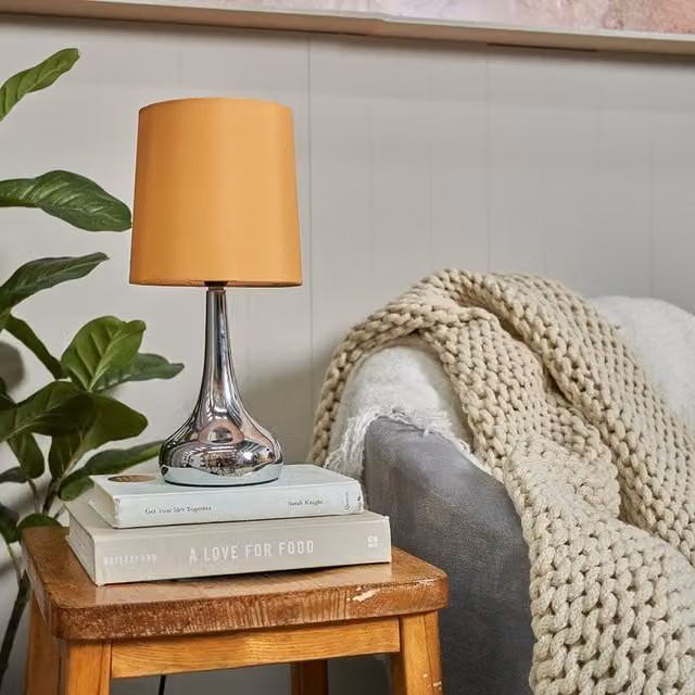 ValueLights Pair of Chrome Teardrop Touch Table Lamps with Fabric Shades and LED Bulbs in Mustard Yellow