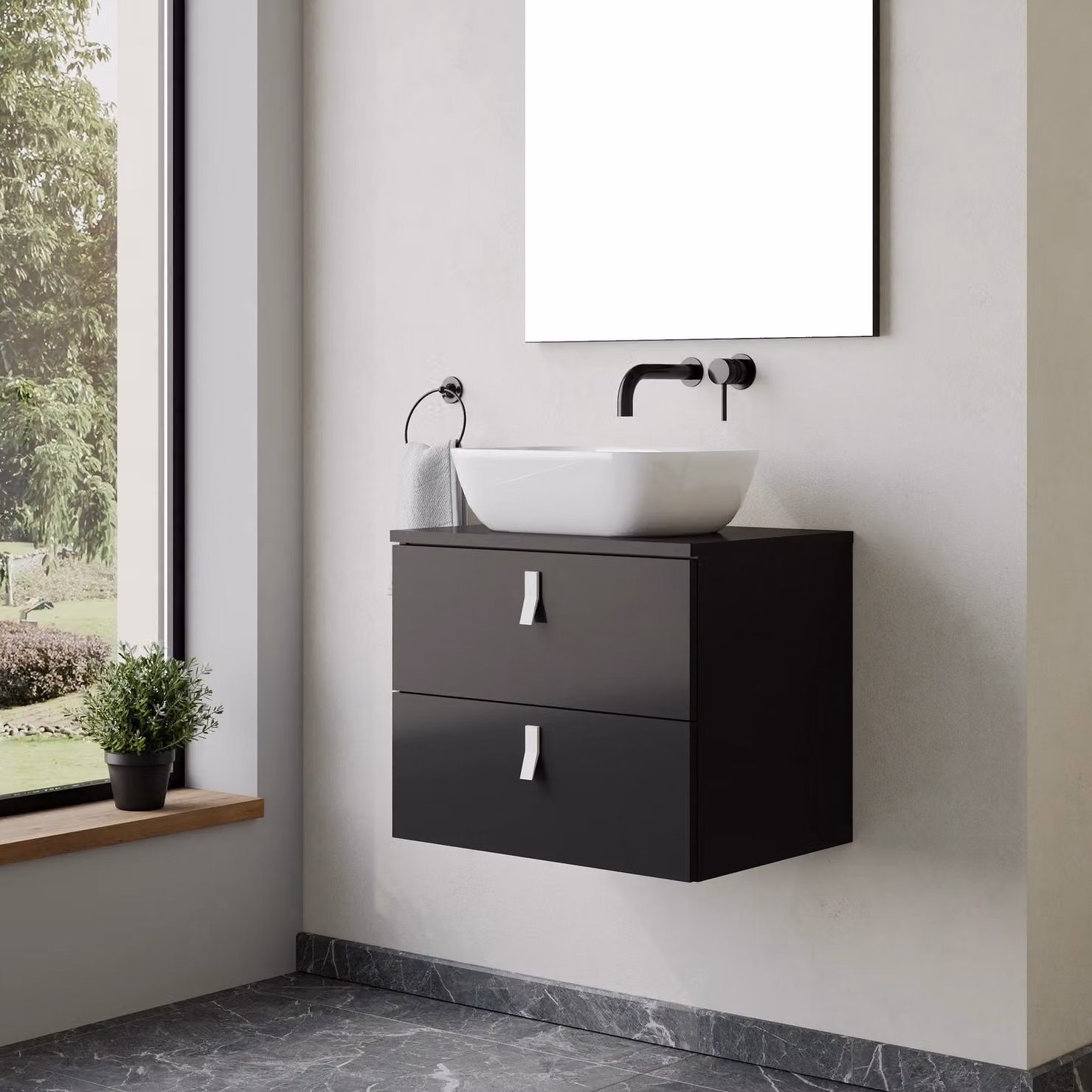 Banyetti Invicta 600mm Wall Hung Vanity with Matching Worktop, Matt Black – 3